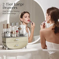 2-Tier Fluted Makeup Organizer with Drawers – Cream & Silver