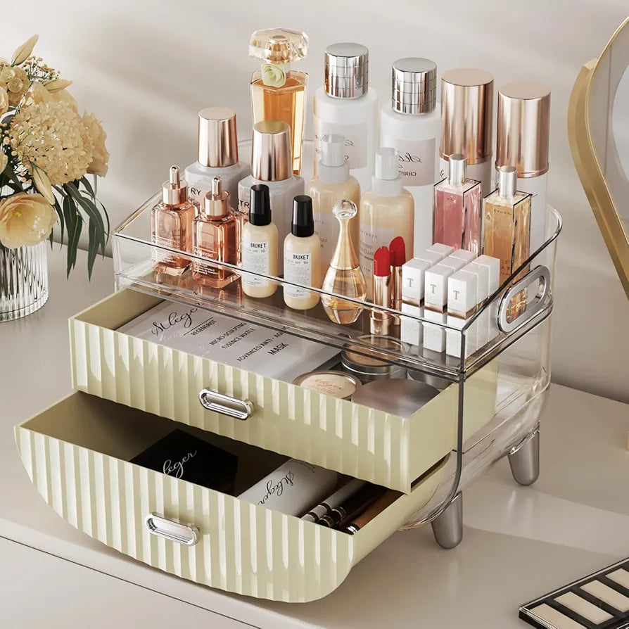 2-Tier Fluted Makeup Organizer with Drawers – Cream & Silver
