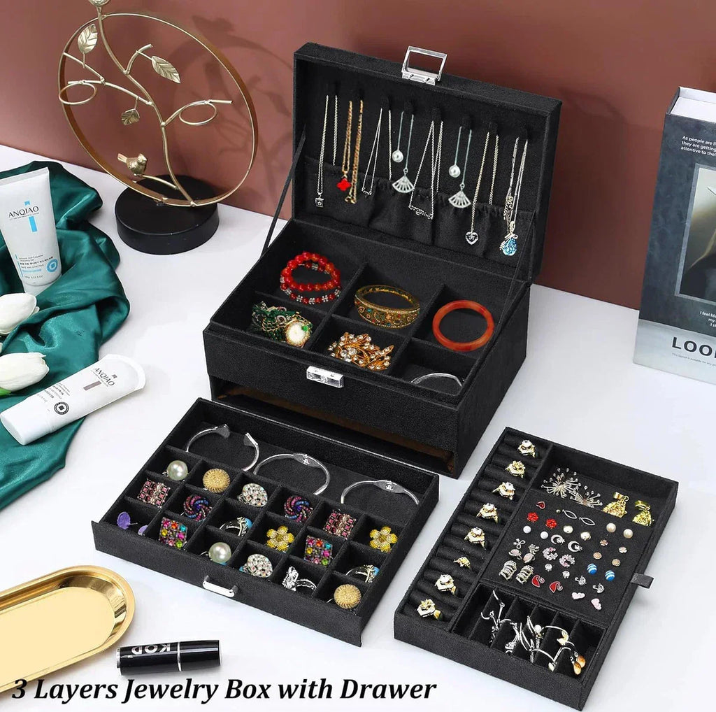 Premium Velvet Jewelry Organizer Box – 3 Layer with Lock