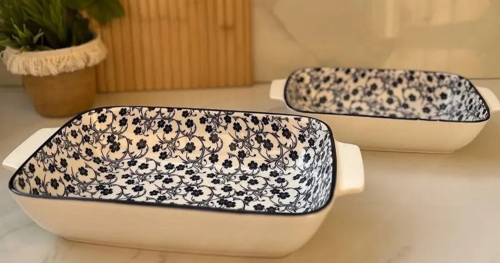 Danny Home Blue Floral Ceramic Baking & Serving Bowl