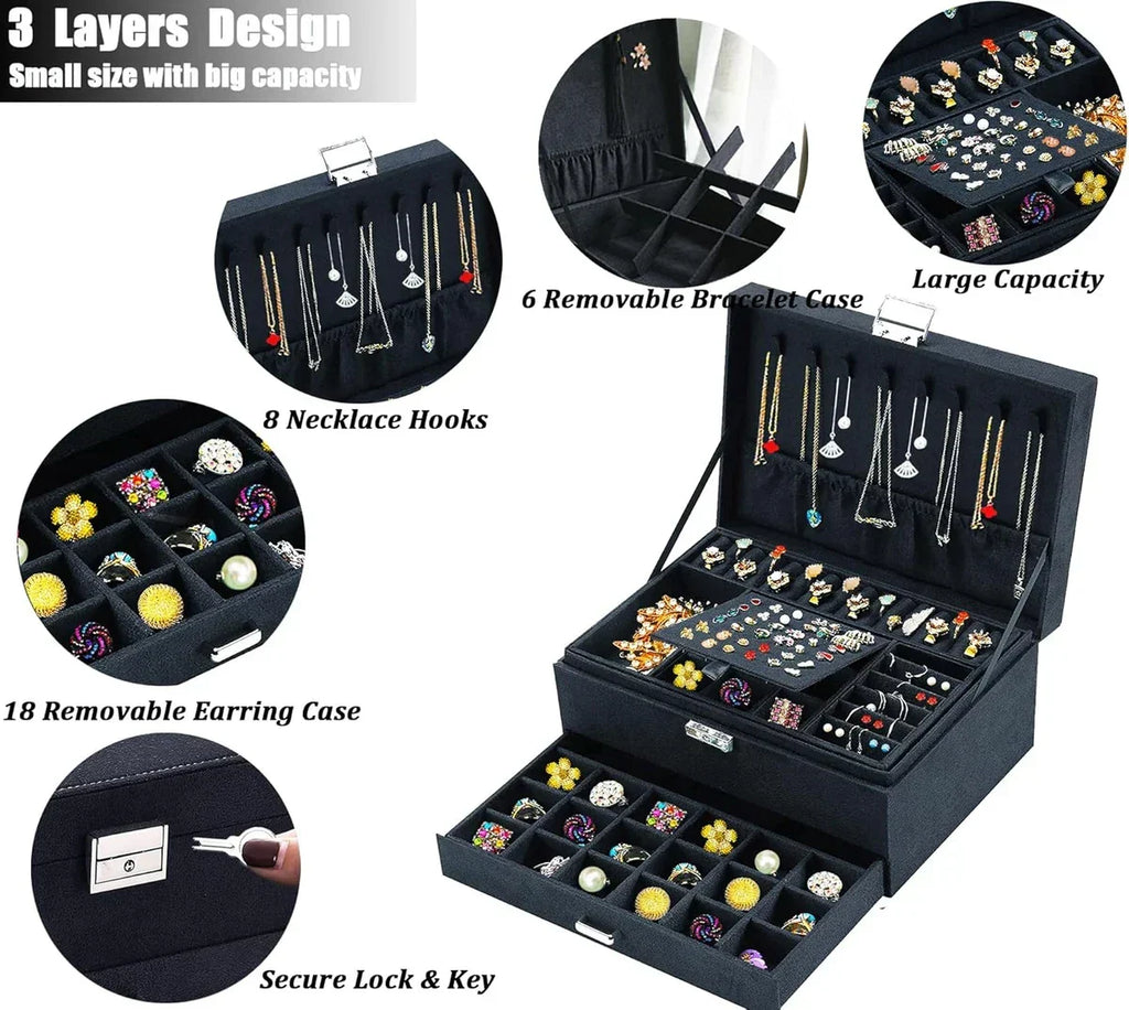 Premium Velvet Jewelry Organizer Box – 3 Layer with Lock